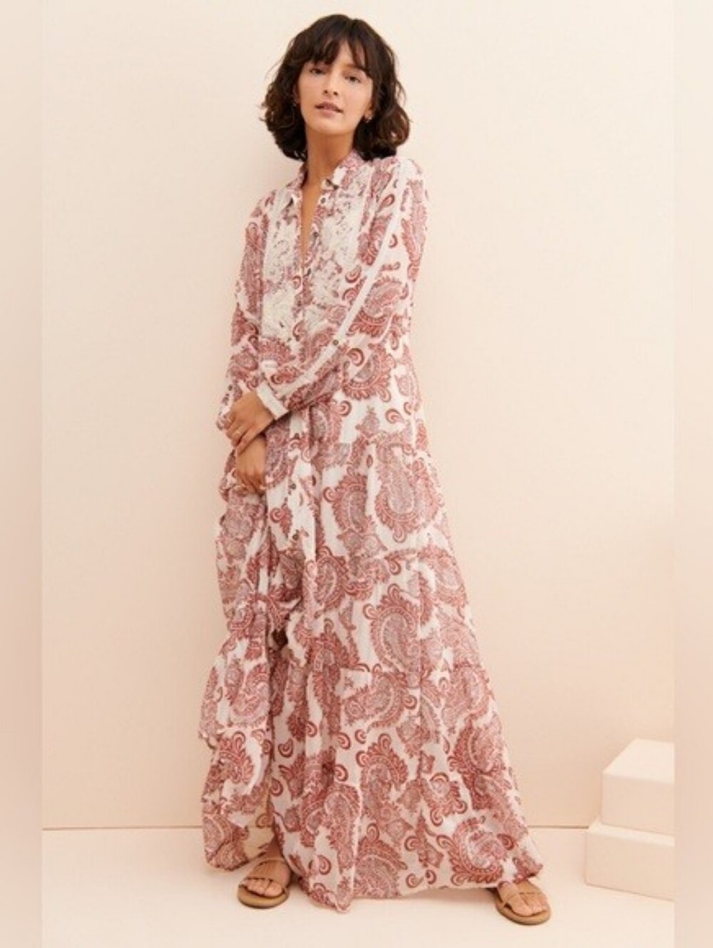 Anthropologie Allaire Maxi Shirt Dress Boho Paisley No Belt Brick Red Sz XL - Picture 1 of 8